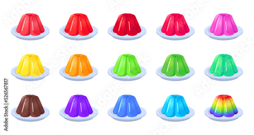 Set cartoon sweet dessert different colors jelly on plate vector illustration