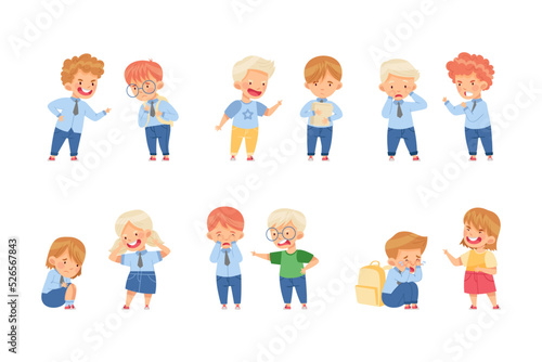 Angry Kids Bullying and Abusing the Weak Agemate Teasing and Laughing at Them Vector Set photo