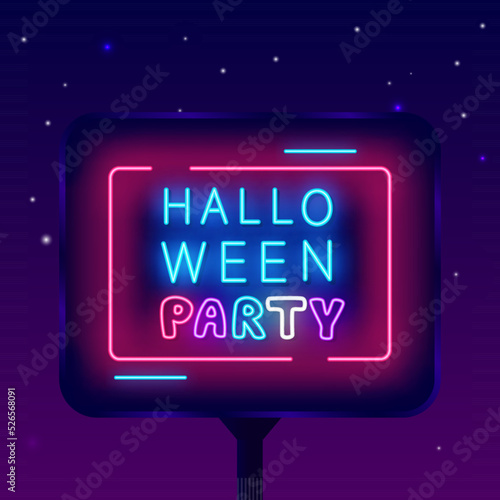 Halloween party neon signboard. Light street billboard. Simple pink frame. Glowing scary holiday. Vector illustration