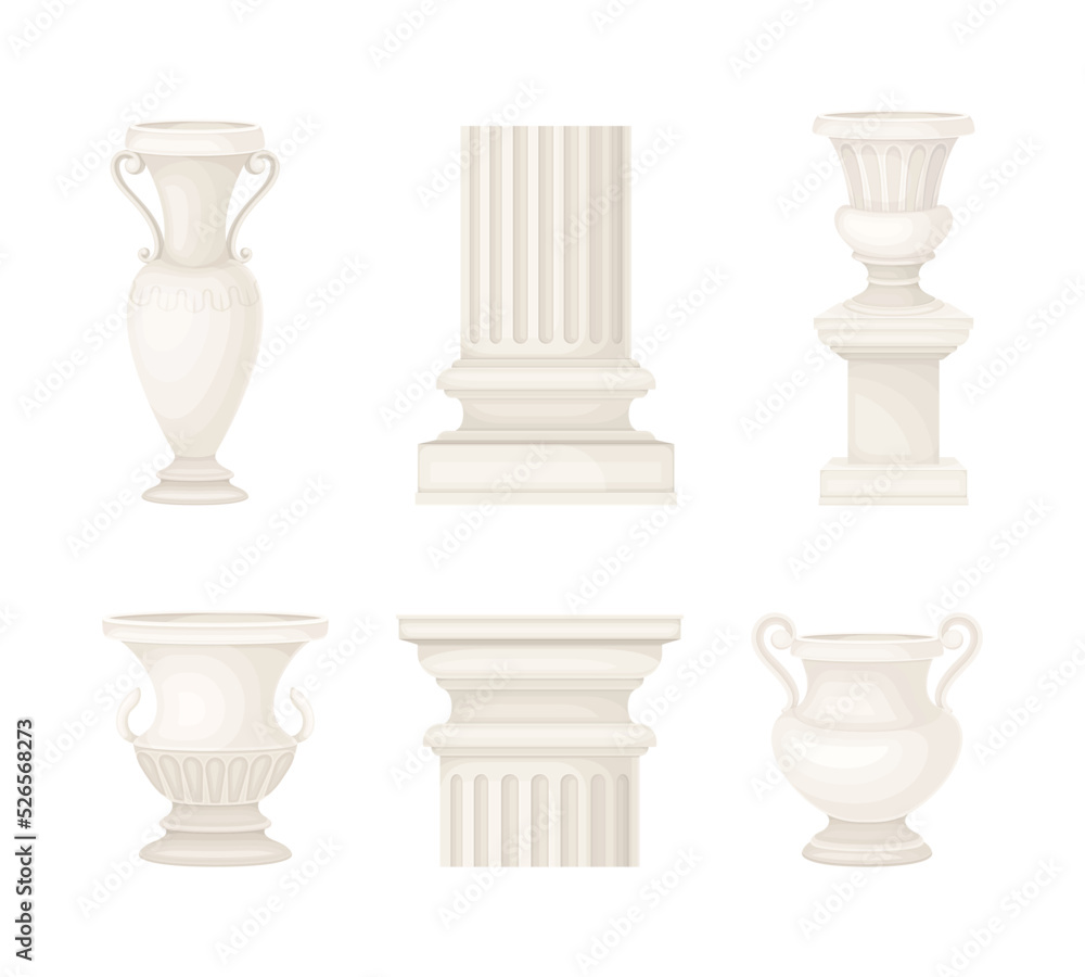 Antique Stone Column or Pillar and White Ceramic Vase in Ionic Style and Ancient Ornament Vector Set