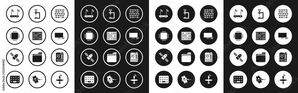 Set Binary code, Server, Data, Web Hosting, Processor with microcircuits CPU, Router and wi-fi signal, Smart Tv, Microscope, Motherboard and Satellite icon. Vector Set Binary code, Server, Data, Web Hosting, Processor with microcircuits CPU, Router and wi-fi signal, Smart Tv, Microscope, Motherboard and Satellite icon. Vector