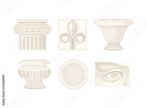 Antique Stone Column, White Ceramic Vase and Sculpture Part Vector Set