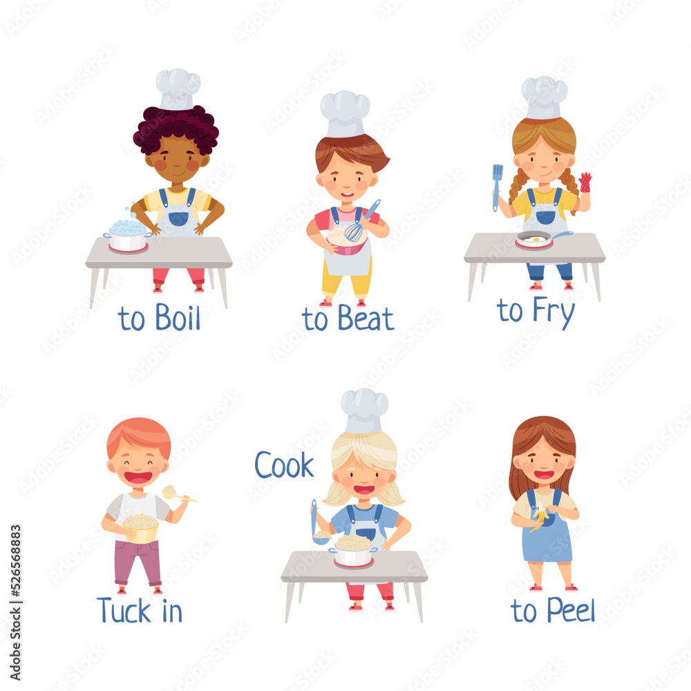 Little Kids Standing at Kitchen Table and Cooking Learning Verbs Vector Set