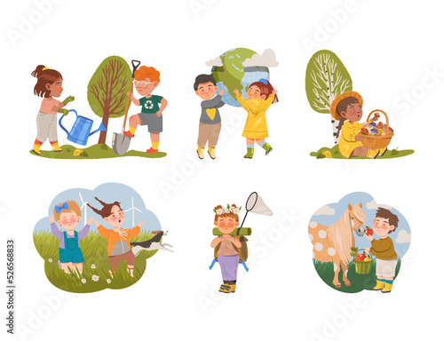 Little Kids Caring About Nature and Environment Engaged in Green Planet Conservation Vector Set