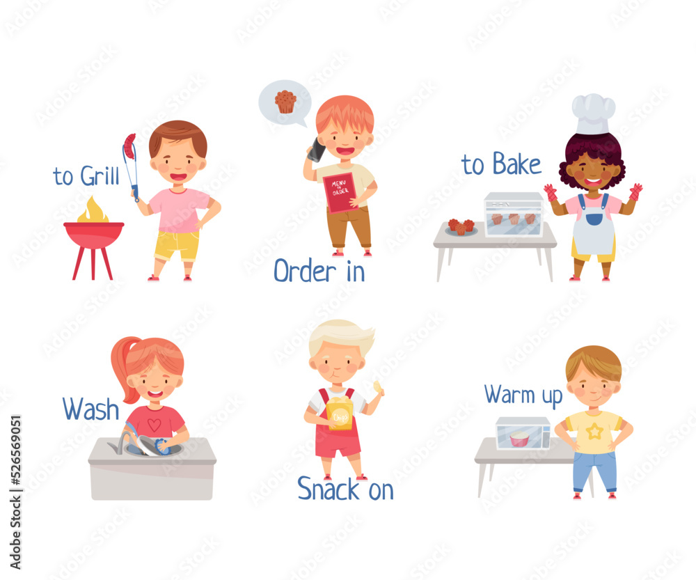 Little Kids Standing at Kitchen Table and Cooking Learning Verbs Vector Set Little Kids Standing at Kitchen Table and Cooking Learning Verbs Vector Set