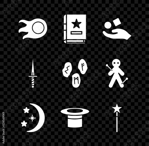Set Fireball, Ancient magic book, Cube levitating above hand, Moon stars, Magician hat, wand, Dagger and runes icon. Vector