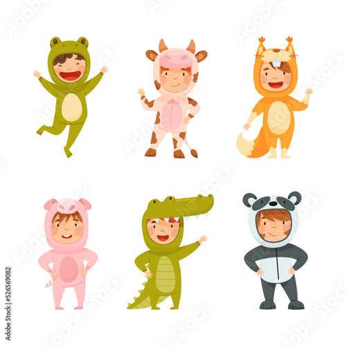 Little Kids Wearing Animal Costume Waving Hand and Having Fun Vector Set