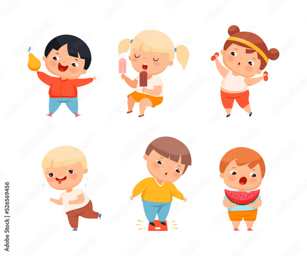 Little Kids with Overweight and Body Fat Engaged in Different Activity Vector Set Little Kids with Overweight and Body Fat Engaged in Different Activity Vector Set