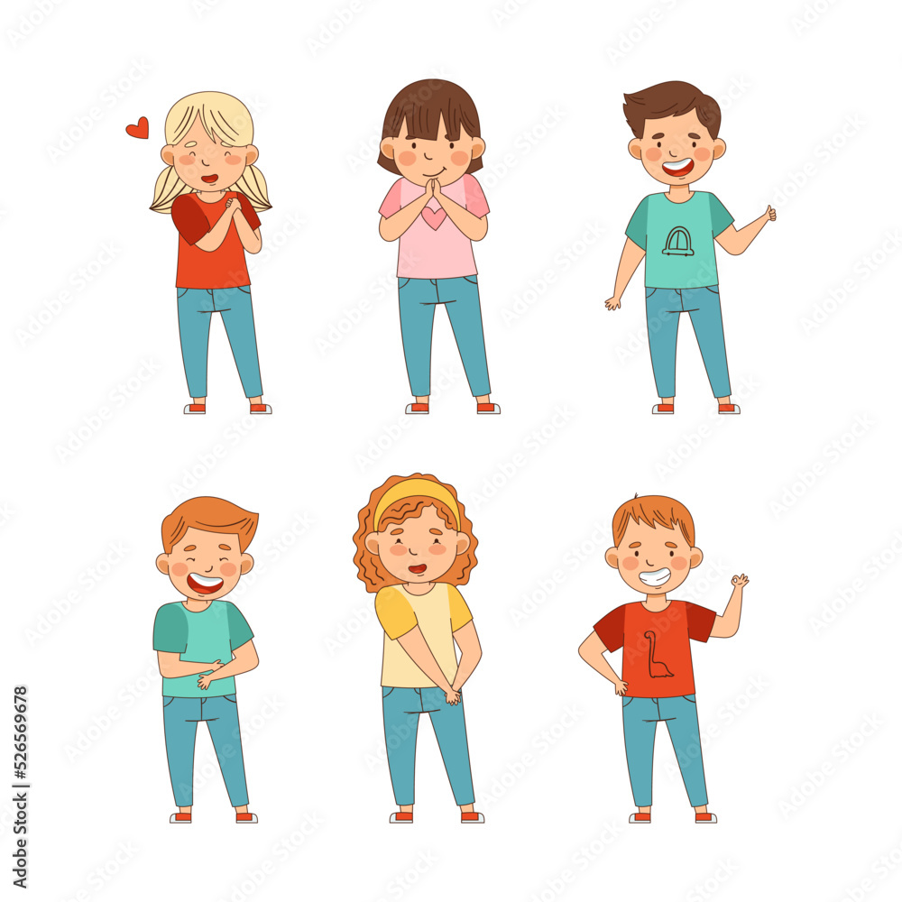 Emoji Smiling Boy and Girl Showing Different Hand Gesture Vector Set Emoji Smiling Boy and Girl Showing Different Hand Gesture Vector Set