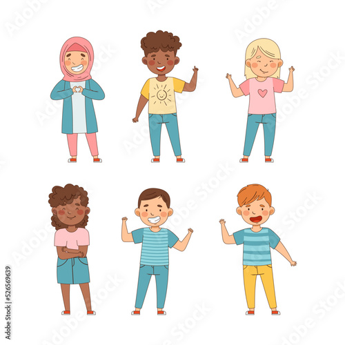 Emoji Smiling Boy and Girl Showing Different Hand Gesture Vector Set