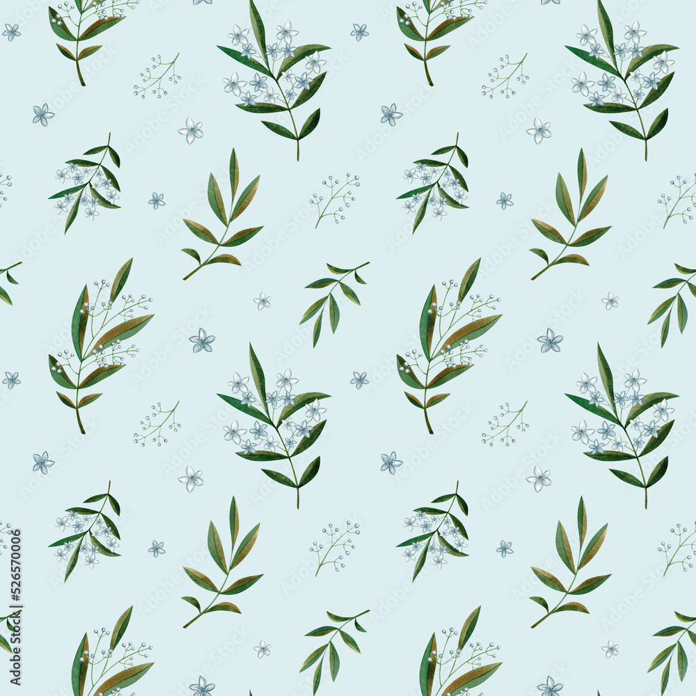Green watercolor branch with flowers seamless pattern on blue background. Floral botanical design Green watercolor branch with flowers seamless pattern on blue background. Floral botanical design