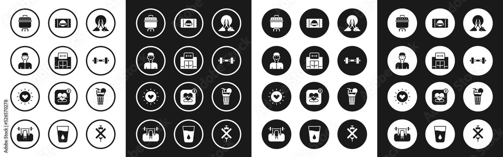 Set Meditation, Gym building, Positive thinking, Cooking pot, Dumbbell, Sports nutrition, Fresh smoothie and Sun icon. Vector