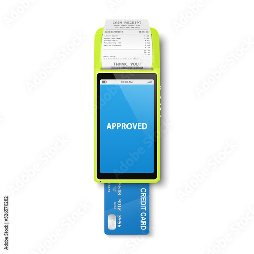 Vector 3d NFC Payment Machine with Approved Status, Credit Card, Receipt Isolated. Wi-fi, Wireless Payment. POS Terminal, Machine Design Template of Bank Payment Contactless Terminal, Mockup. Top VIew