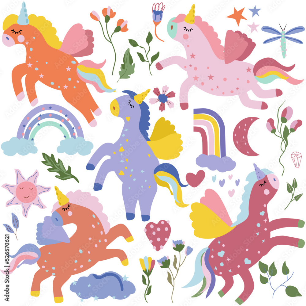 Fototapeta premium Magical colorful Unicorn with rainbows, sun, butterfly, flowers and other. Fairy horses in different poses. Magical unicorns perfect for greeting cards, postcard, banner.