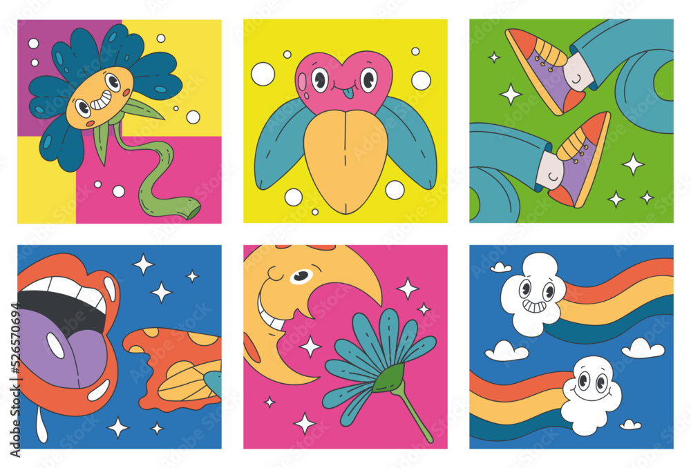 Naklejka premium Psychedelic emoji shapes retro comic cards posters isolated set. Vector graphic design illustration 