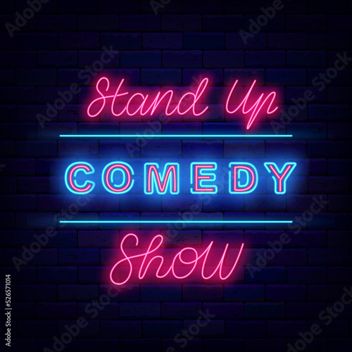 Stand up comedy show neon signboard. Comic night. Light sign. Party label. Vector stock illustration