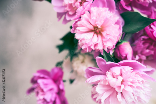 Part of a bouquet of beautiful flowers in close-up with space to copy. A beautiful bouquet of bright pink peonies. Wallpaper, greeting card, poster, flower shop concept. High quality photo © daryakomarova