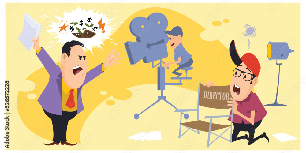 Producer swears at director of film. Illustration for internet and mobile website.
