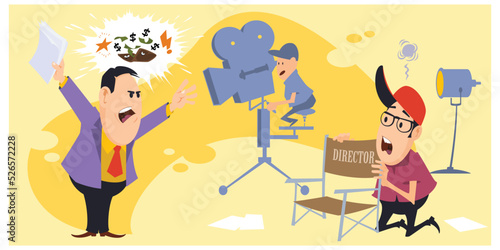 Producer swears at director of film. Illustration for internet and mobile website.