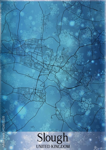Christmas background, Chirstmas map of Slough United Kingdom, greeting card on blue background.