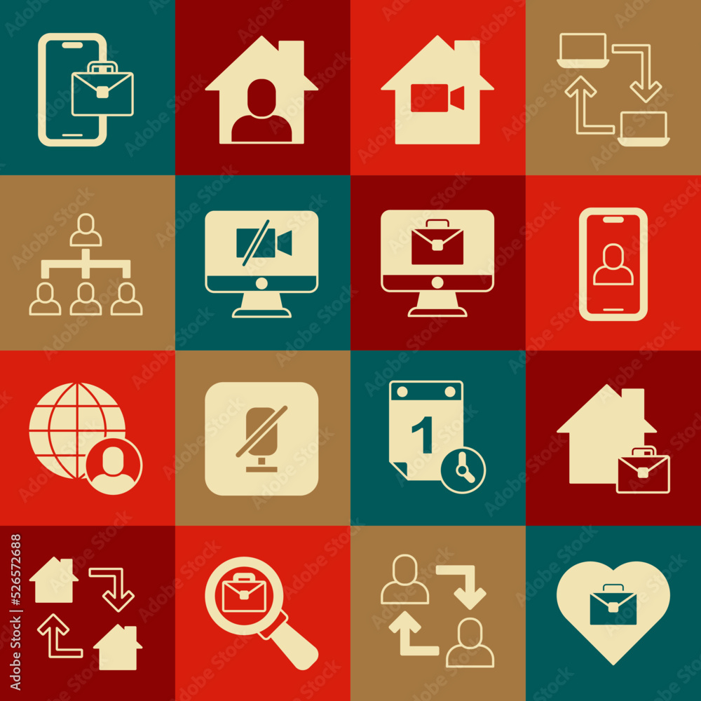 Set Heart with text work, Online working, Video chat conference, camera Off home, computer, Hierarchy organogram chart, Freelancer and icon. Vector Set Heart with text work, Online working, Video chat conference, camera Off home, computer, Hierarchy organogram chart, Freelancer and icon. Vector