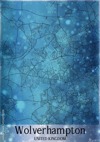 Christmas background, Chirstmas map of Wolverhampton United Kingdom, greeting card on blue background.