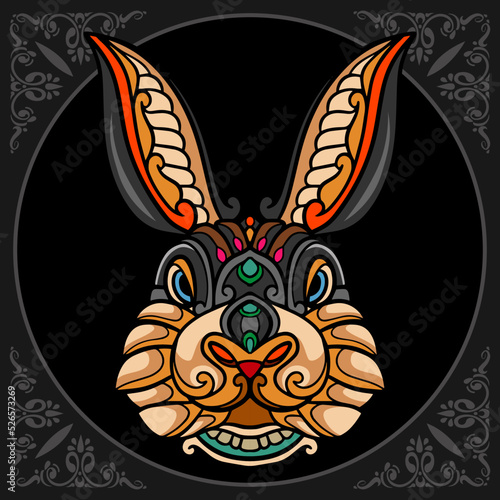 Colorful rabbit zentangle arts isolated on black background
