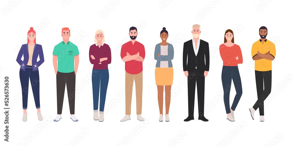 Conjunto de personas. Hombres y mujeres de pie, cuerpo completo. Grupo de  personas estilo moderno de dibujos animados ilustração do Stock