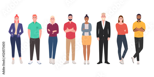 Conjunto de personas. Hombres y mujeres de pie, cuerpo completo. Grupo de personas estilo moderno de dibujos animados photo