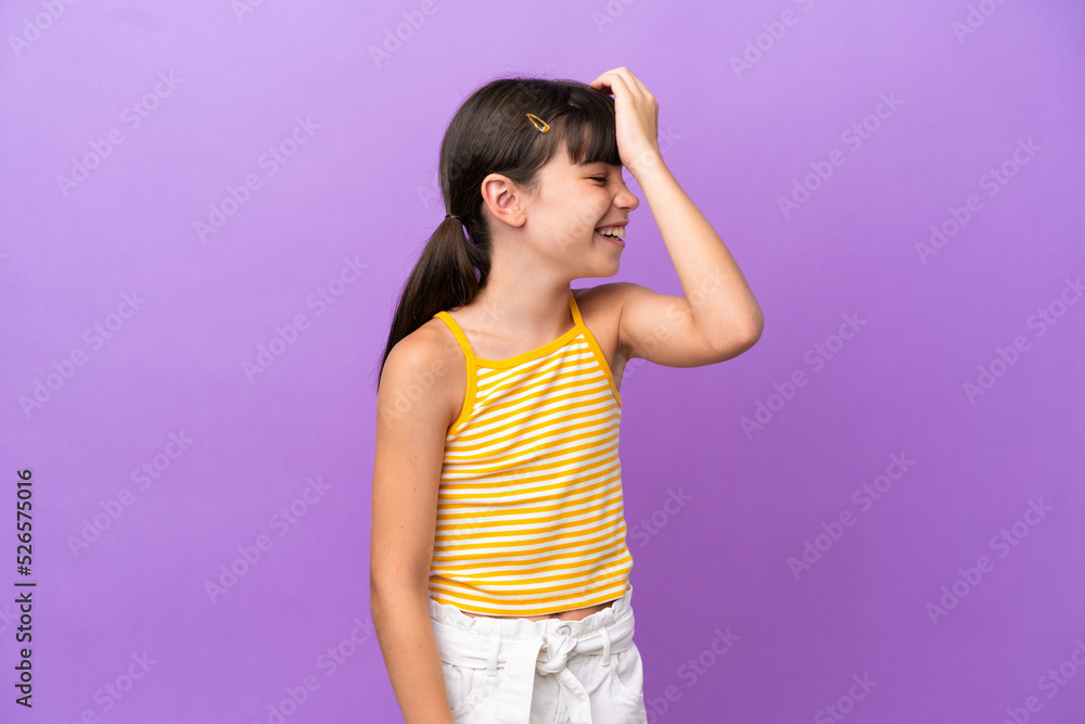 Little caucasian kid isolated on purple background has realized something and intending the solution Little caucasian kid isolated on purple background has realized something and intending the solution