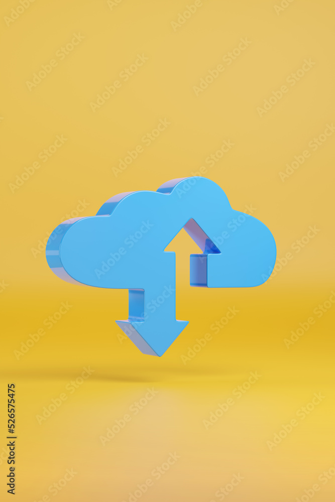 Blue cloud shape with up and down arrows on yellow background. Internet concept. d illustration. Blue cloud shape with up and down arrows on yellow background. Internet concept. d illustration.