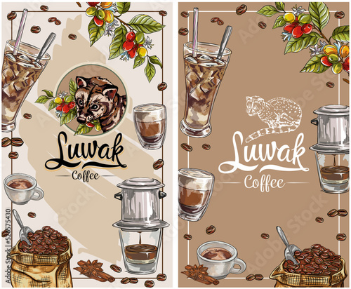 set of vertical banners for social media stories Traditional coffee template. Luwak coffee label vector for your brand label,cafe or shop.