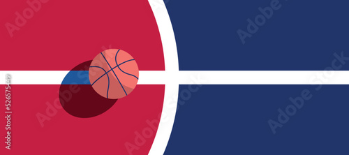 Basketball ball standing on white line on blue background