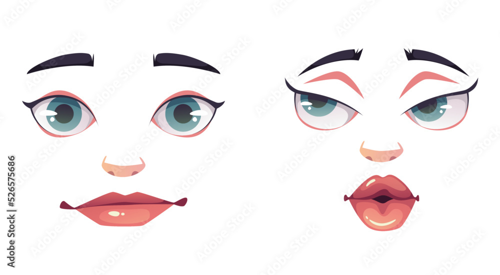 Woman face character avatar expression eye lips mouth emotions concept graphic design element illustration set Woman face character avatar expression eye lips mouth emotions concept graphic design element illustration set