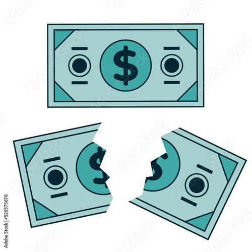 Whole and cut broken half money cash concept isolated design element illustration set
