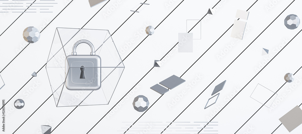 Modern web protection wide white background with padlock and other icons. Secure, safety and web browser concept. 3D Renderin. Modern web protection wide white background with padlock and other icons. Secure, safety and web browser concept. 3D Renderin.