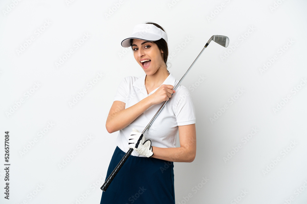 Handsome young golfer player woman isolated on white background celebrating a victory Handsome young golfer player woman isolated on white background celebrating a victory