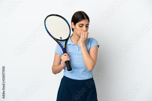 Handsome young tennis player caucasian woman isolated on white background having doubts © luismolinero