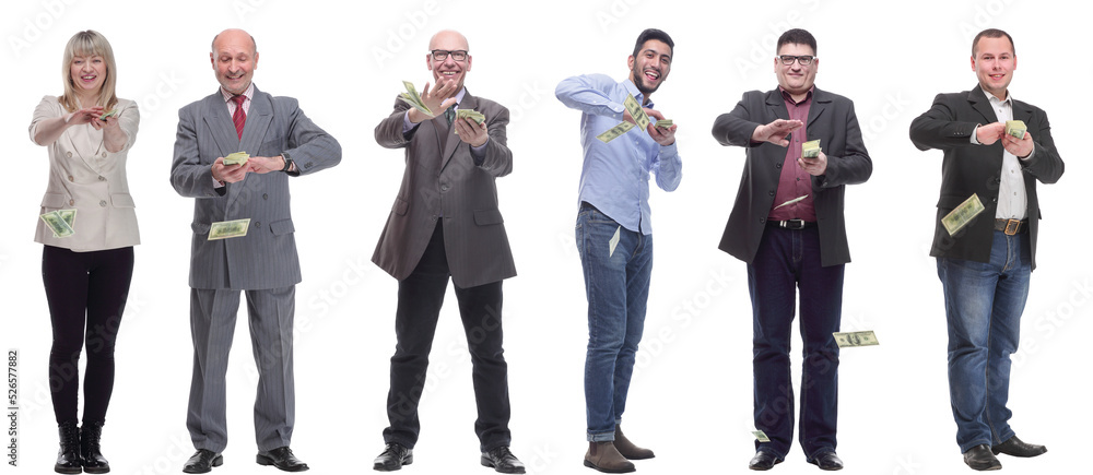 group of successful people holding money in hand isolated group of successful people holding money in hand isolated