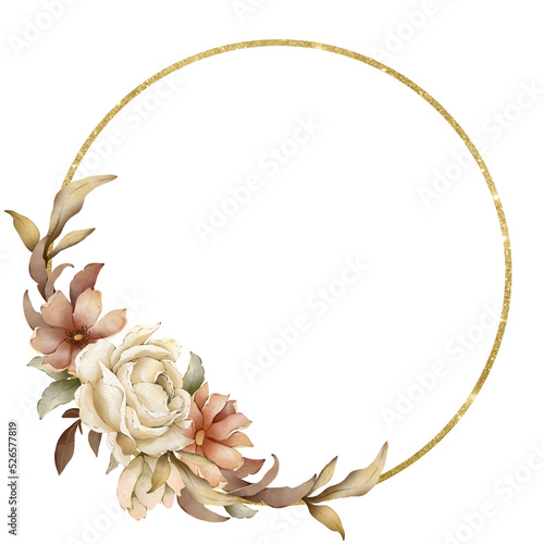 Hand painted floral wreath. Watercolor autumn rose flower wreath illustration suitable for wedding invitation, card etc