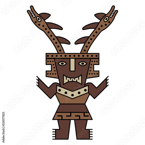 Fantastic character. Ethnic tribal horned man with snake antlers. Native American art of ancient Peru. Chancay Sican culture. Pre Columbian indigenous Peruvian pottery design. On white background.