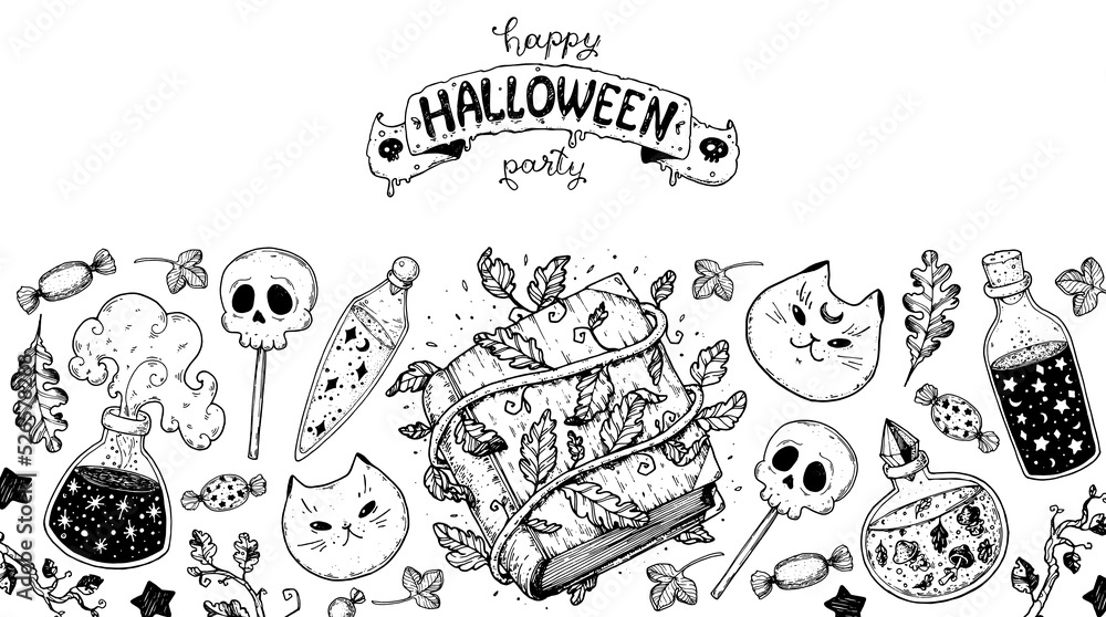 Happy Halloween frame. Hand drawn vector illustration. Halloween decoration design template. Potion, spell book, potion, skull candy, autumn leaf sketch. Doodle collection.