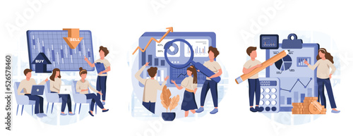 Master of Science in finance isolated cartoon vector illustrations set. Group of diverse people making business plan together, budget planning, study investment banking, management vector cartoon.