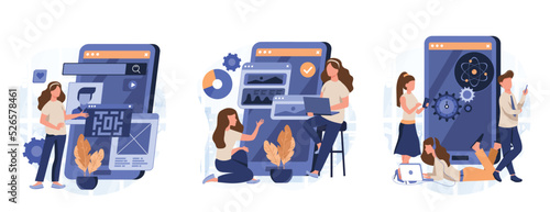 Mobile app development process abstract concept vector illustration set. React native mobile app, experience design, usability testing, user interface, software architecture abstract metaphor.