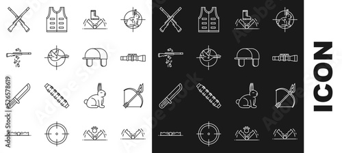 Set line Trap hunting, Bow and fire arrow, Sniper optical sight, Hunt on duck with crosshairs, Gun shooting, Two crossed shotguns and Hunter hat icon. Vector