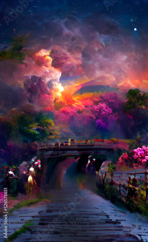 Evening, old road to the arch under the bridge, colorful nature and sky surrounding