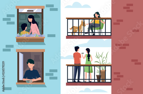 Vector illustration of a beautiful balcony with people. Cartoon illustration of people who are relaxing on the balcony with a dog, drinking coffee and who can be seen in their room.