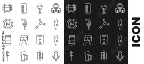 Set line Hop, Glass of beer, Musical instrument trumpet, Bottle cap with inscription, Wooden barrel rack stopcock and Sausage the fork icon. Vector
