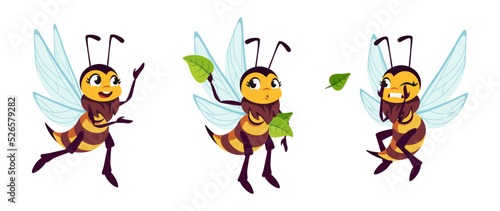 Vector illustration of a cute and beautiful bumblebee on white background. Charming characters in different poses joyful, throwing off leaves, frightened in cartoon style.