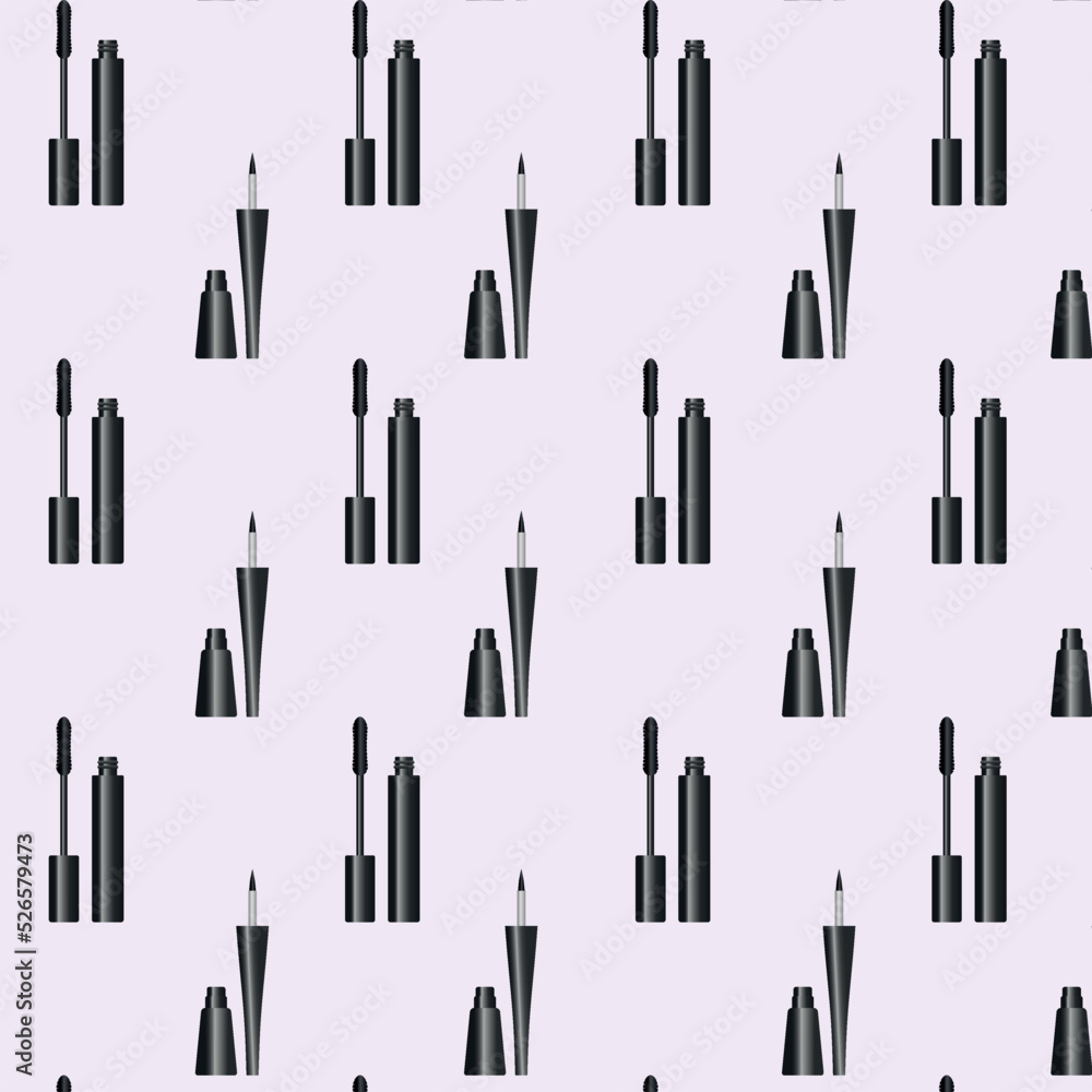 Vector fashion red seamless pattern. Hand drawn fashion illustration with cosmetics, mascara and eyliner. Vector fashion red seamless pattern. Hand drawn fashion illustration with cosmetics, mascara and eyliner.